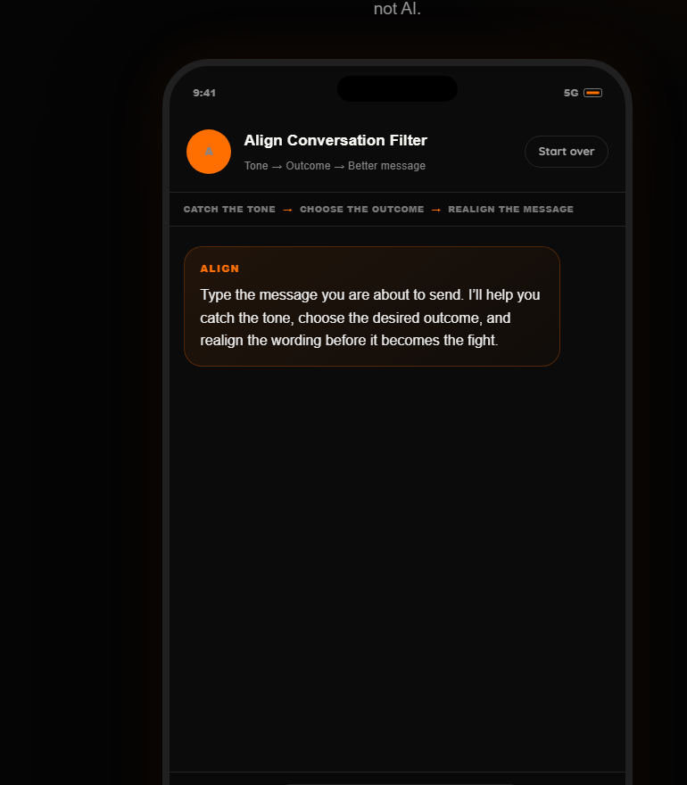 Align Conversation Filter helping the user catch the tone, choose the outcome and realign a message