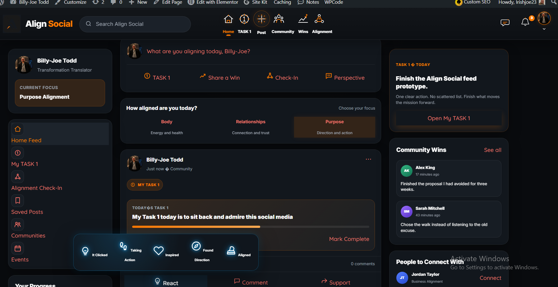Align Social interface showing the home feed, TASK 1, alignment check-in and reaction system